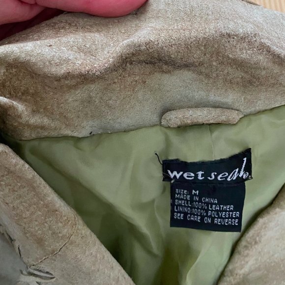 Vtg 90s Y2K Wet Seal Medium Trench Coat Jacket 100% Leather Suede Belted Tan - Picture 8 of 9